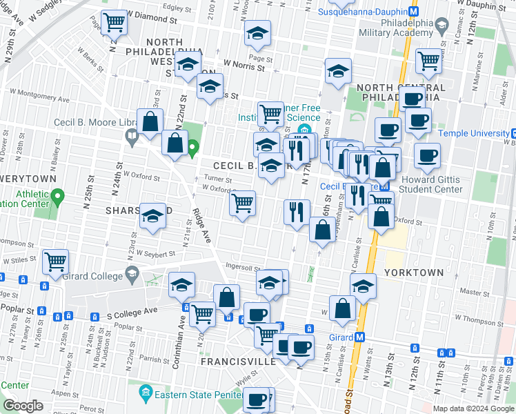 map of restaurants, bars, coffee shops, grocery stores, and more near 1530 North Gratz Street in Philadelphia