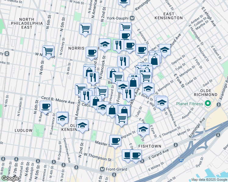map of restaurants, bars, coffee shops, grocery stores, and more near 131 West Wilt Street in Philadelphia