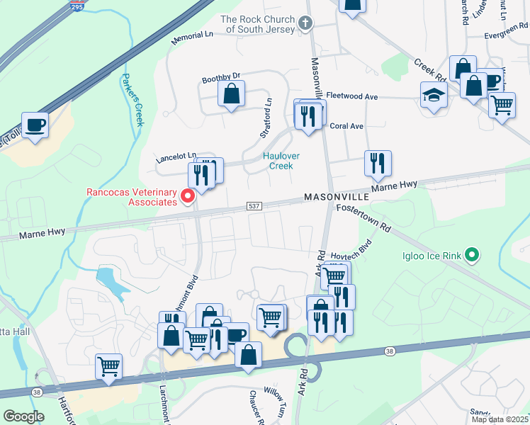 map of restaurants, bars, coffee shops, grocery stores, and more near 3877 Grenwich Lane in Mount Laurel