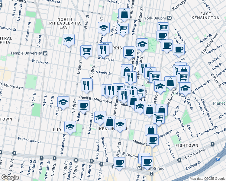 map of restaurants, bars, coffee shops, grocery stores, and more near 1764 North Bodine Street in Philadelphia