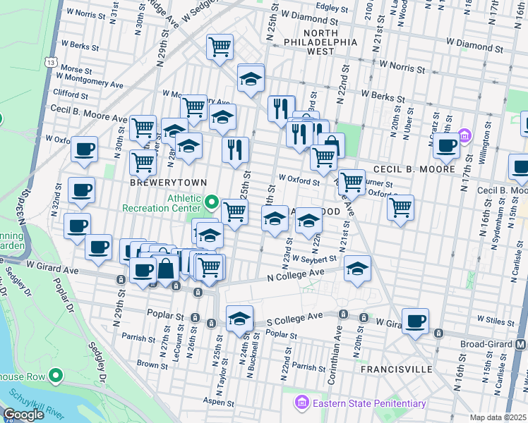 map of restaurants, bars, coffee shops, grocery stores, and more near 2403 Stewart Street in Philadelphia