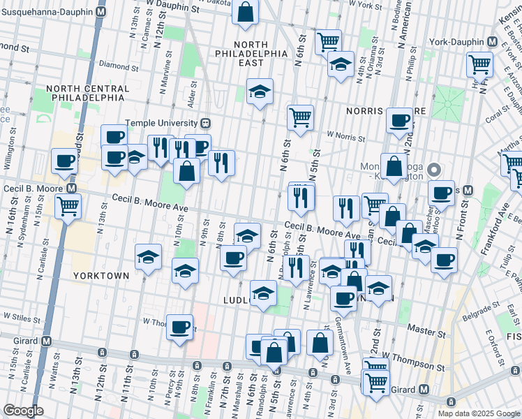map of restaurants, bars, coffee shops, grocery stores, and more near 1722 North Marshall Street in Philadelphia