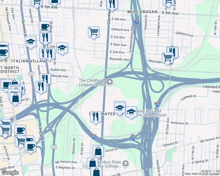 map of restaurants, bars, coffee shops, grocery stores, and more near 674 Cleveland Avenue in Columbus