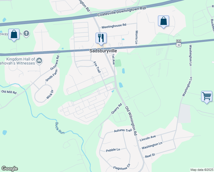 map of restaurants, bars, coffee shops, grocery stores, and more near 121 South Harner Boulevard in Coatesville