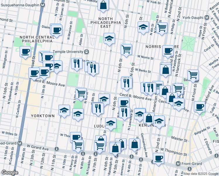 map of restaurants, bars, coffee shops, grocery stores, and more near 1722 North Marshall Street in Philadelphia