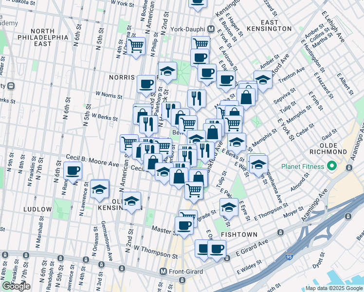 map of restaurants, bars, coffee shops, grocery stores, and more near 1805 North Howard Street in Philadelphia