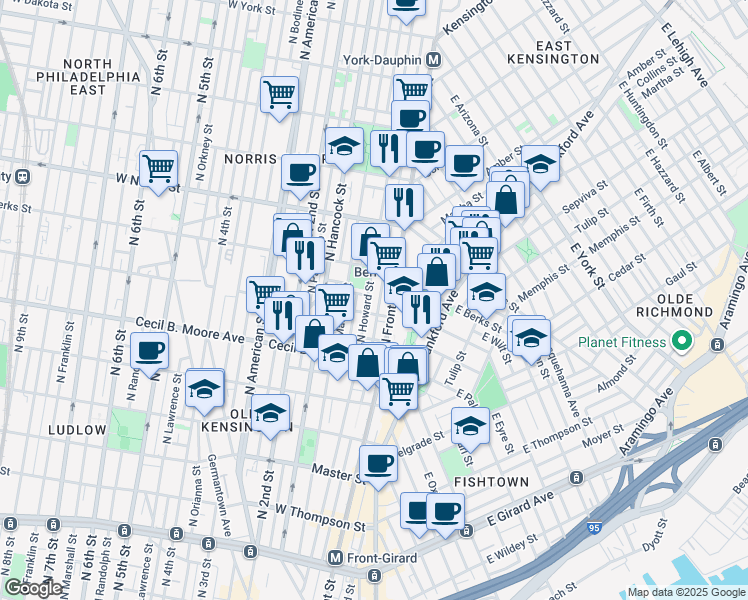 map of restaurants, bars, coffee shops, grocery stores, and more near 131 West Wilt Street in Philadelphia