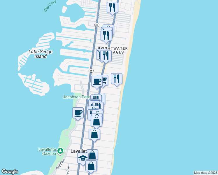 map of restaurants, bars, coffee shops, grocery stores, and more near 23 Ortley Avenue in Lavallette