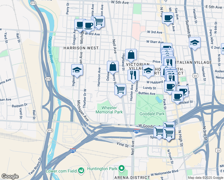 map of restaurants, bars, coffee shops, grocery stores, and more near 324 Buttles Avenue in Columbus
