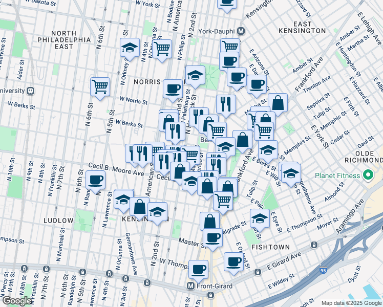 map of restaurants, bars, coffee shops, grocery stores, and more near 1835 Mutter Street in Philadelphia