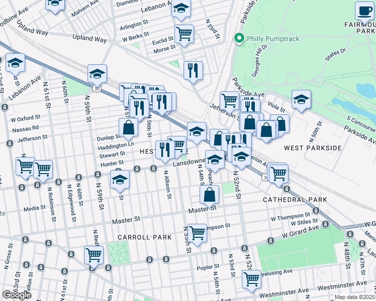 map of restaurants, bars, coffee shops, grocery stores, and more near 1621 North Conestoga Street in Philadelphia