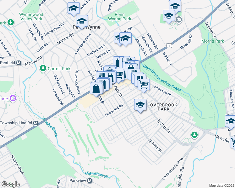 map of restaurants, bars, coffee shops, grocery stores, and more near 1848 North 76th Street in Philadelphia