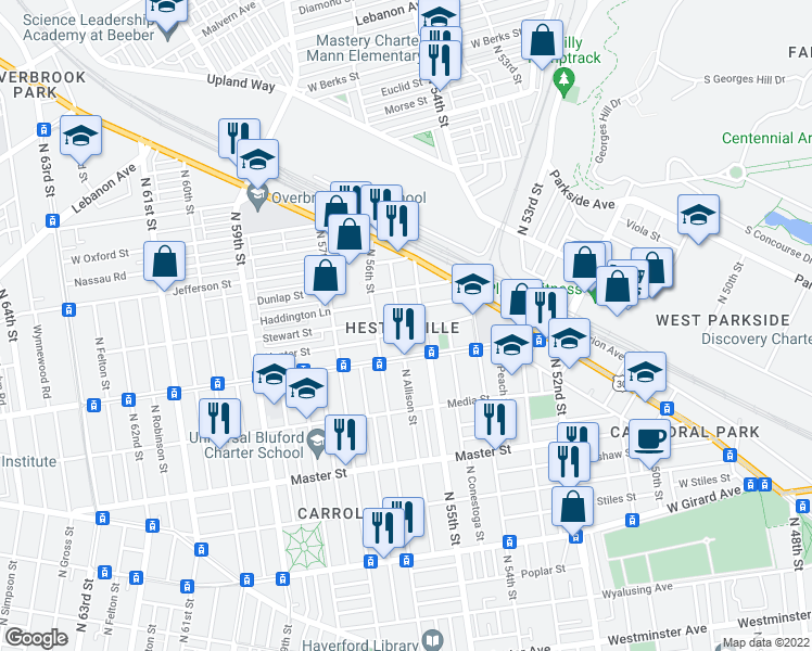 map of restaurants, bars, coffee shops, grocery stores, and more near 5515 Hunter Street in Philadelphia