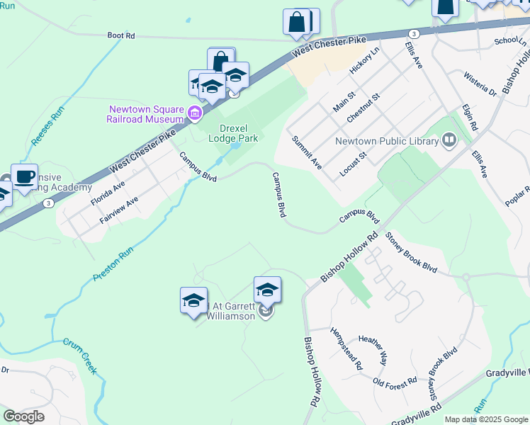 map of restaurants, bars, coffee shops, grocery stores, and more near 14 Campus Boulevard in Newtown Square