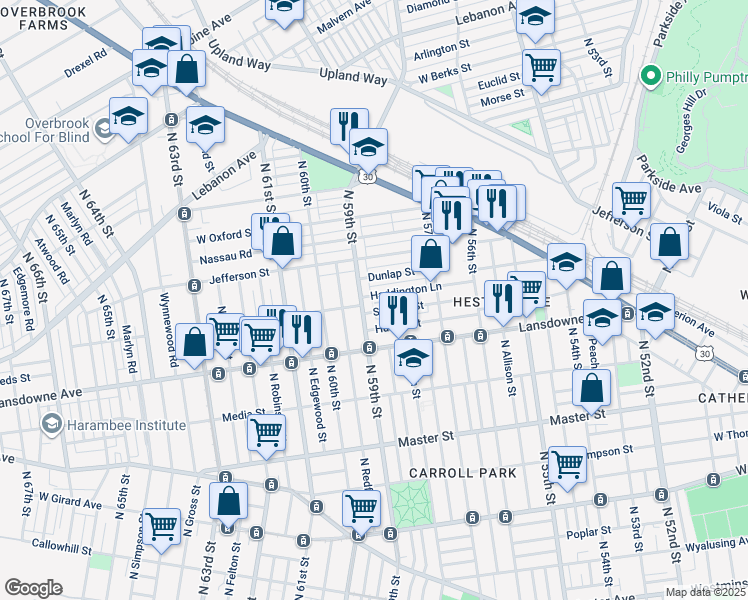 map of restaurants, bars, coffee shops, grocery stores, and more near 5798 Haddington Lane in Philadelphia