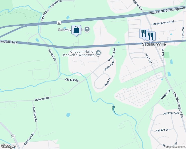 map of restaurants, bars, coffee shops, grocery stores, and more near 1 Wick Drive in Parkesburg