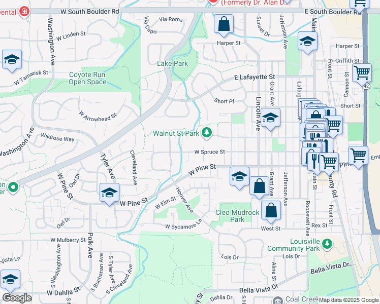 map of restaurants, bars, coffee shops, grocery stores, and more near West Spruce Street in Louisville