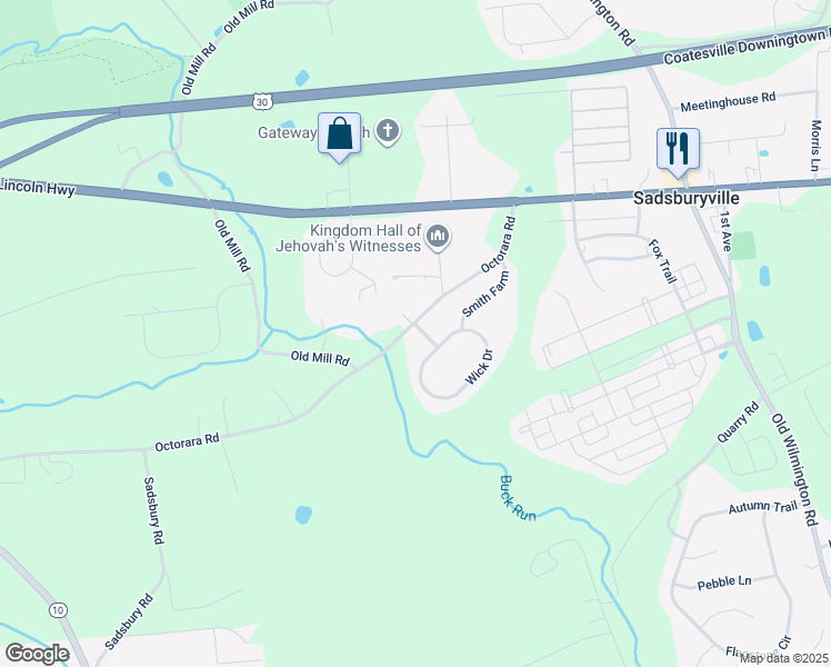 map of restaurants, bars, coffee shops, grocery stores, and more near 1 Wick Drive in Parkesburg