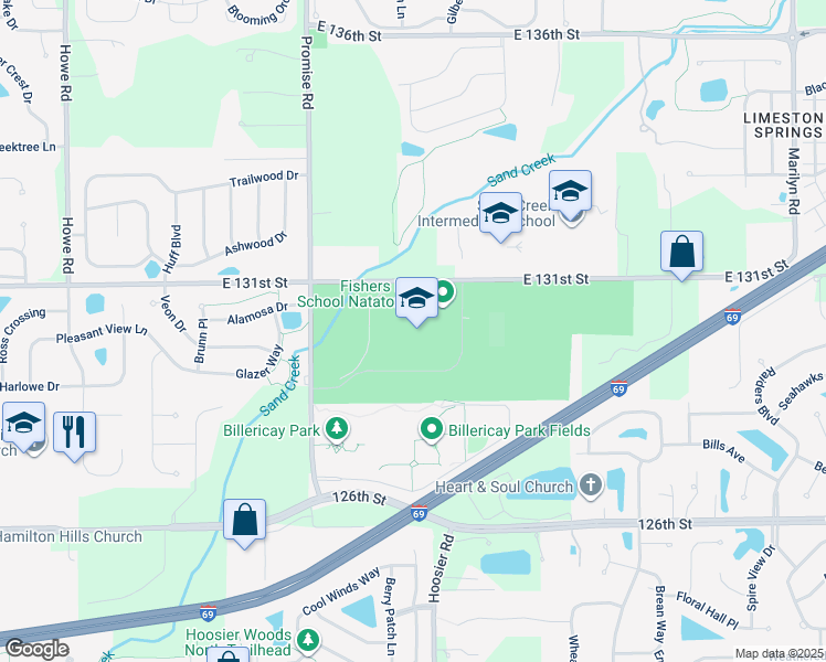 map of restaurants, bars, coffee shops, grocery stores, and more near 13000 Promise Road in Fishers