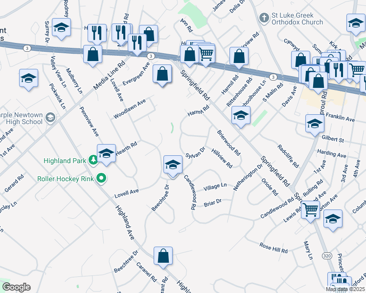 map of restaurants, bars, coffee shops, grocery stores, and more near 139 Sylvan Drive in Broomall