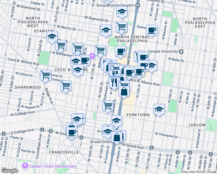 map of restaurants, bars, coffee shops, grocery stores, and more near 1501 West Oxford Street in Philadelphia