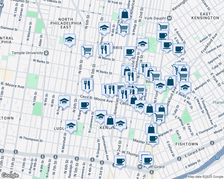 map of restaurants, bars, coffee shops, grocery stores, and more near 1757 North 3rd Street in Philadelphia