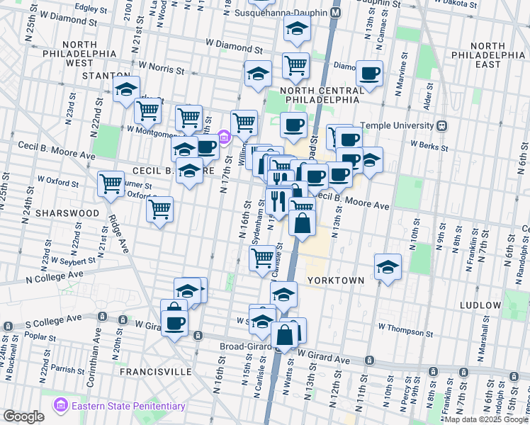 map of restaurants, bars, coffee shops, grocery stores, and more near 1501 West Oxford Street in Philadelphia