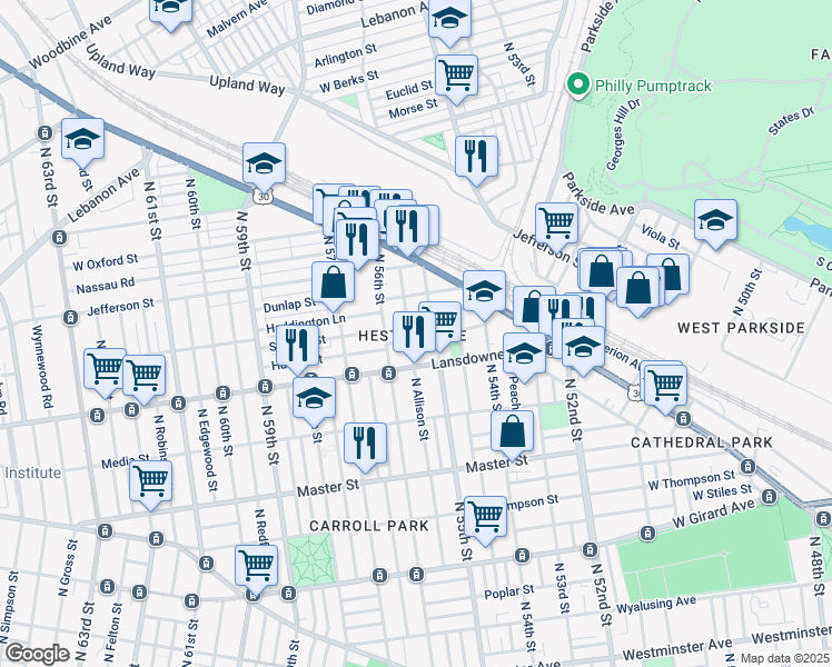 map of restaurants, bars, coffee shops, grocery stores, and more near 5515 Hunter Street in Philadelphia