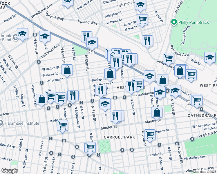 map of restaurants, bars, coffee shops, grocery stores, and more near 5719 Stewart Street in Philadelphia