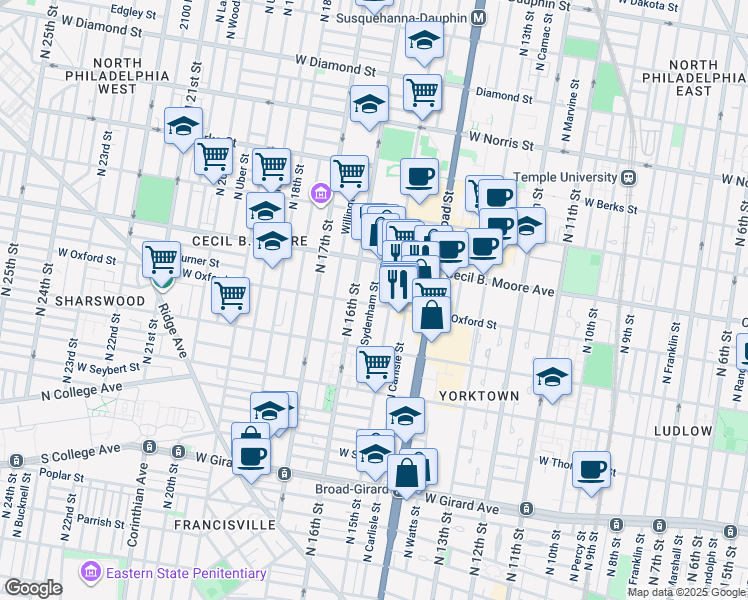 map of restaurants, bars, coffee shops, grocery stores, and more near 1507 West Oxford Street in Philadelphia