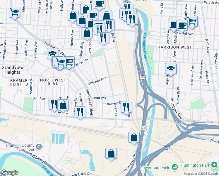 map of restaurants, bars, coffee shops, grocery stores, and more near 845 Yard Street in Grandview Heights
