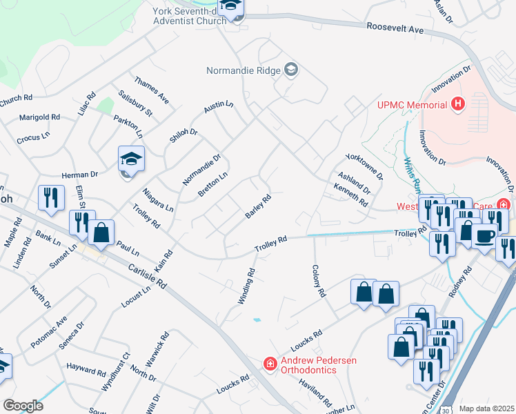 map of restaurants, bars, coffee shops, grocery stores, and more near Barley Road in Shiloh