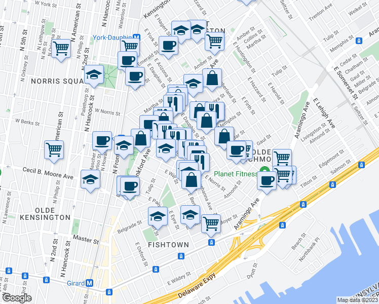 map of restaurants, bars, coffee shops, grocery stores, and more near 2329 East Susquehanna Avenue in Philadelphia