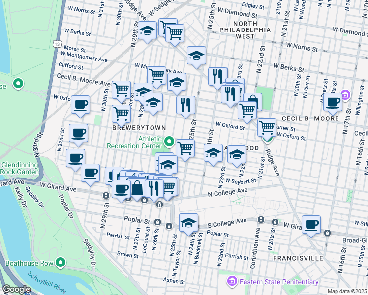 map of restaurants, bars, coffee shops, grocery stores, and more near 2508 Stewart Street in Philadelphia