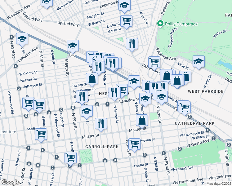map of restaurants, bars, coffee shops, grocery stores, and more near 5511 Hunter Street in Philadelphia