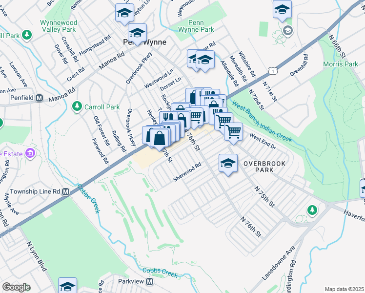 map of restaurants, bars, coffee shops, grocery stores, and more near 7631 Overbrook Avenue in Philadelphia