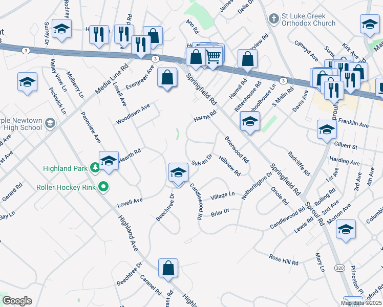 map of restaurants, bars, coffee shops, grocery stores, and more near 139 Sylvan Drive in Broomall