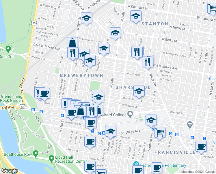 map of restaurants, bars, coffee shops, grocery stores, and more near 2508 Stewart Street in Philadelphia