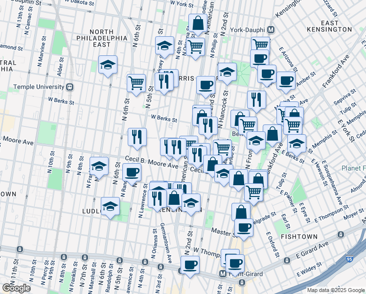 map of restaurants, bars, coffee shops, grocery stores, and more near 1755 North Bodine Street in Philadelphia