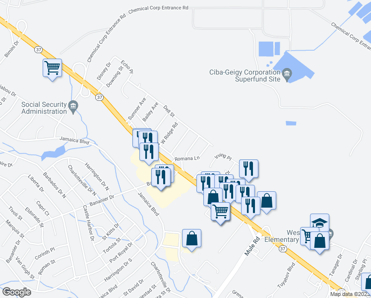 map of restaurants, bars, coffee shops, grocery stores, and more near 15 Woodlark Road in Toms River