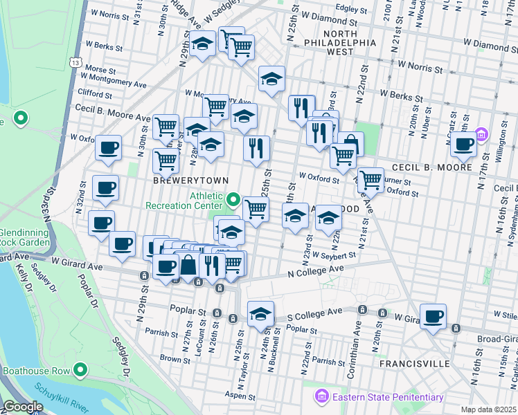 map of restaurants, bars, coffee shops, grocery stores, and more near 1442 North 25th Street in Philadelphia