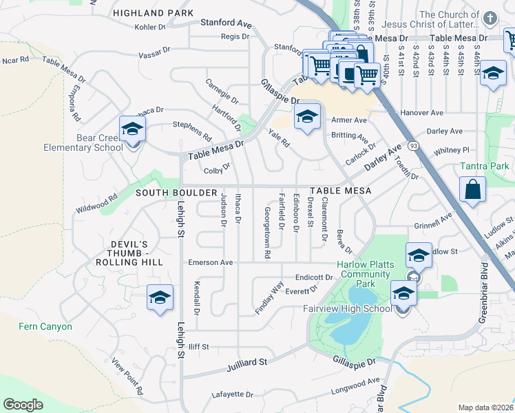 map of restaurants, bars, coffee shops, grocery stores, and more near 1175 Georgetown Road in Boulder