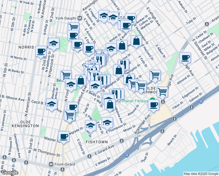map of restaurants, bars, coffee shops, grocery stores, and more near 2329 East Susquehanna Avenue in Philadelphia