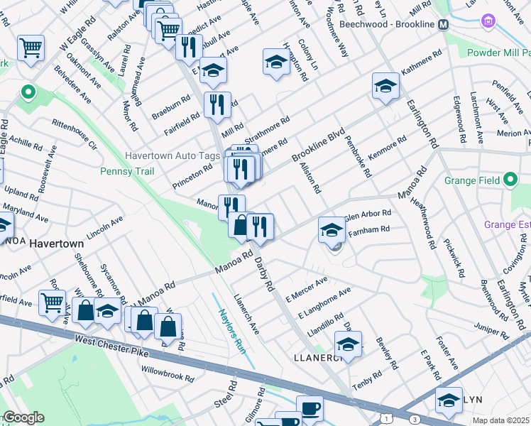map of restaurants, bars, coffee shops, grocery stores, and more near 1016 Weller Avenue in Havertown