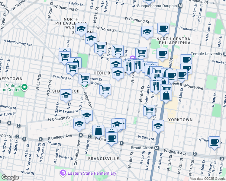 map of restaurants, bars, coffee shops, grocery stores, and more near 1532 North Gratz Street in Philadelphia