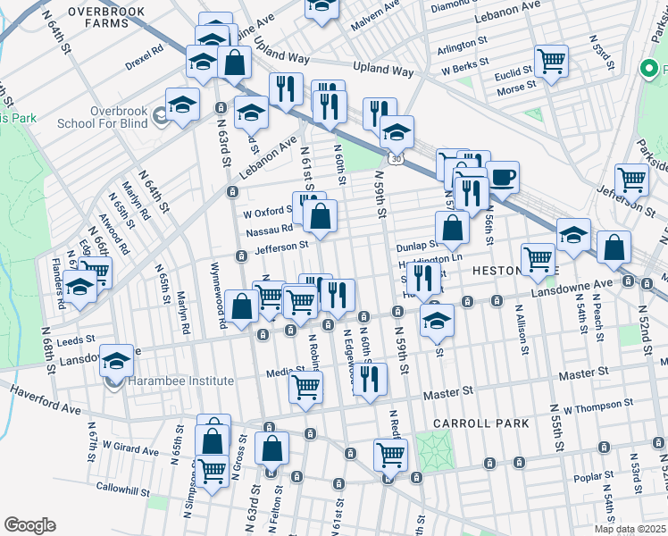 map of restaurants, bars, coffee shops, grocery stores, and more near 1720 North Edgewood Street in Philadelphia