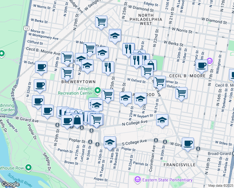 map of restaurants, bars, coffee shops, grocery stores, and more near 2425 Stewart Street in Philadelphia