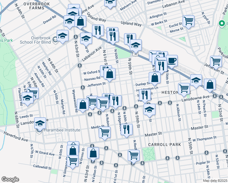 map of restaurants, bars, coffee shops, grocery stores, and more near 1720 North Edgewood Street in Philadelphia