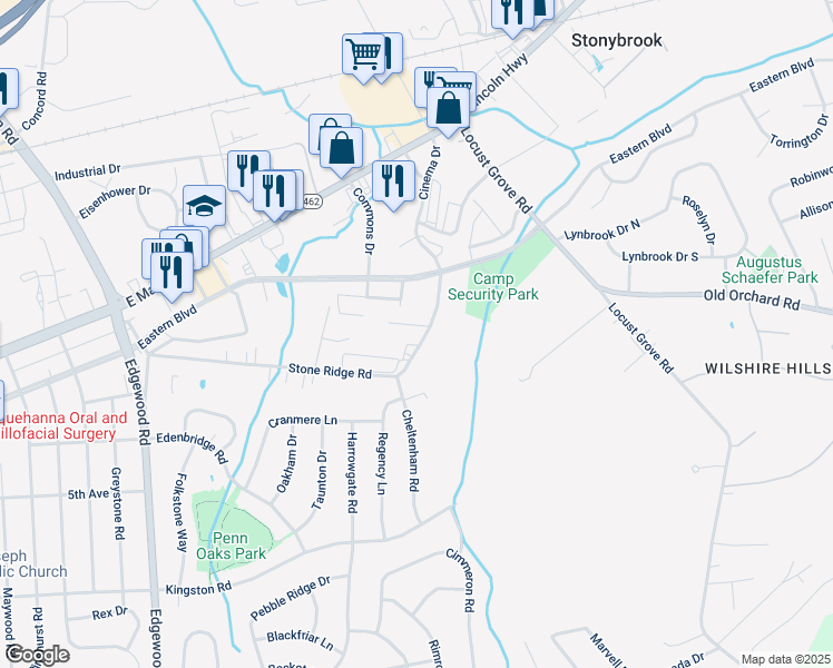 map of restaurants, bars, coffee shops, grocery stores, and more near 3525 Stone Ridge Road in York