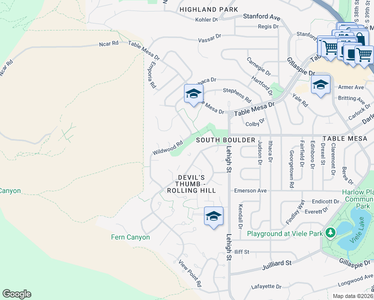 map of restaurants, bars, coffee shops, grocery stores, and more near 1285 Bear Mountain Drive in Boulder